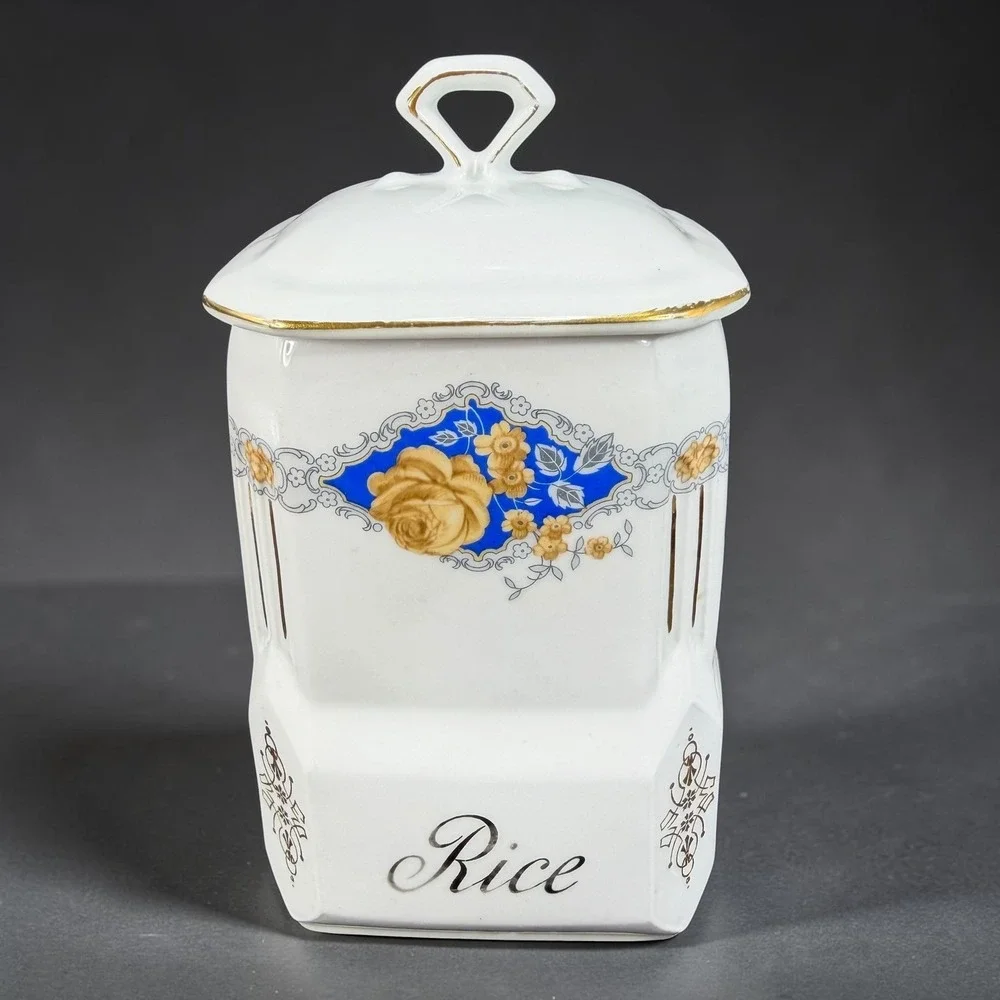 Victoria China Czechoslovakia Rice Canister Vintage Porcelain Blue Rose Floral